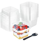 Qeirudu 50 Pack 8 oz Square Plastic Dessert Cups with Lids and Sporks, Disposable Cake Cups Yogur...