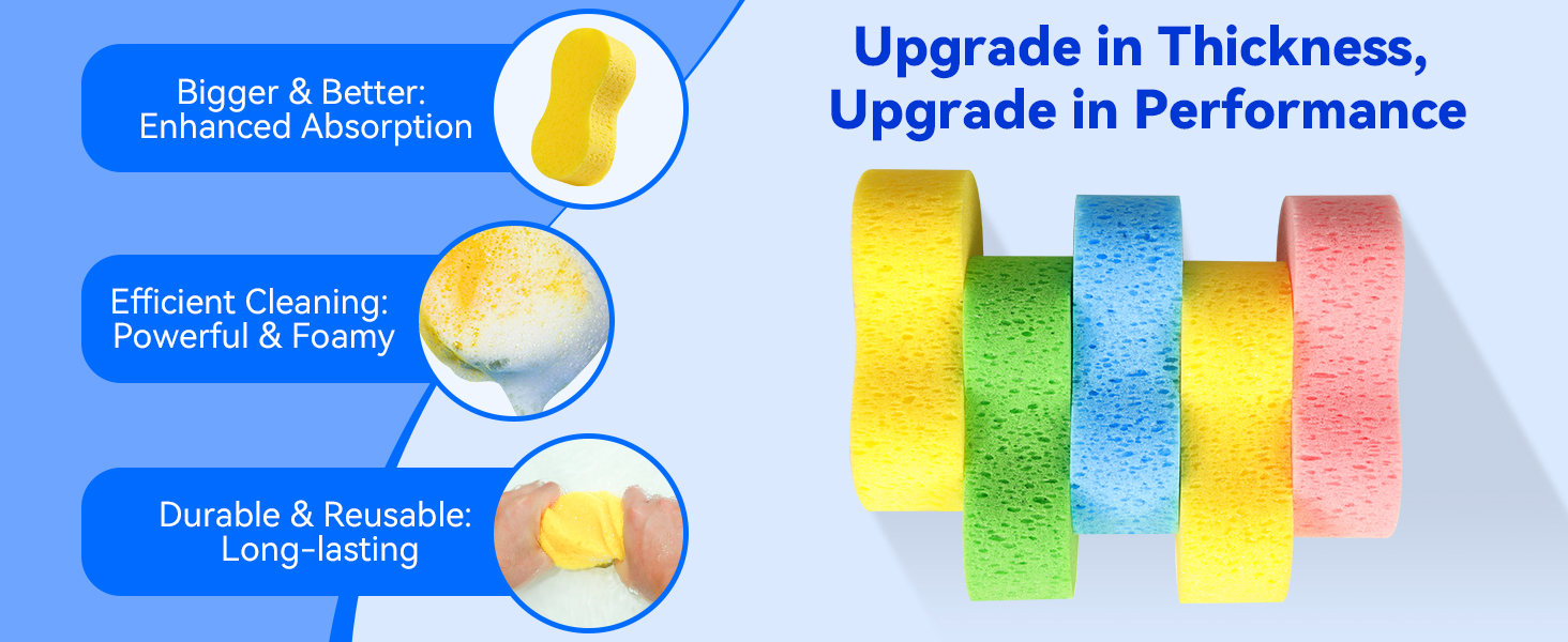 2.4in thick all purpose sponge, inexpensive and effective.The huge sponge is soft and strong.