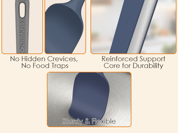 Silicone kitchen utensils with seamless design, reinforced steel core, and sturdy yet flexible heads