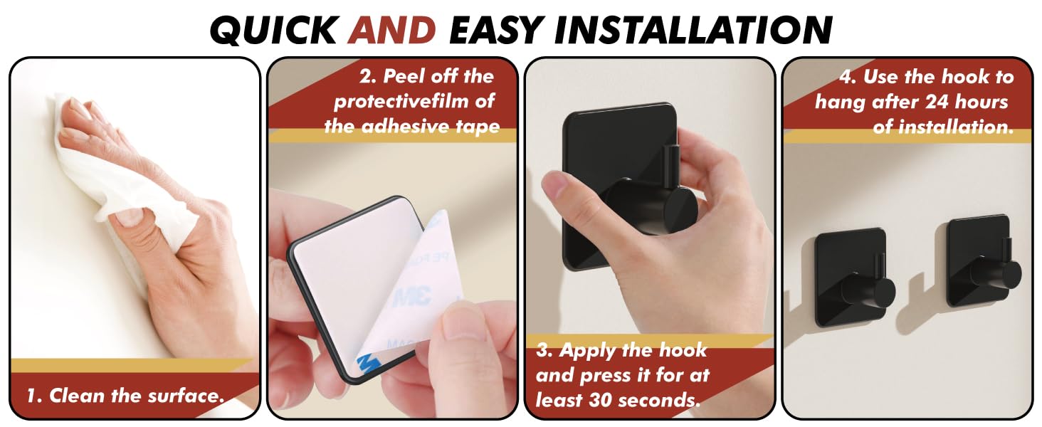Quick no-drill installation: clean surface, peel film, press firmly, wait 24 hours before use