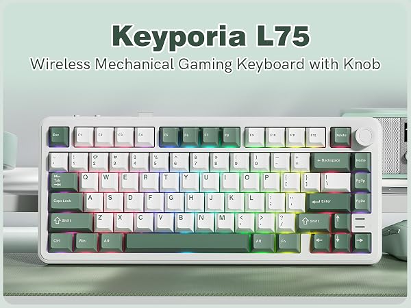 Keyporia L75 wireless mechanical gaming keyboard with RGB backlighting and a control knob