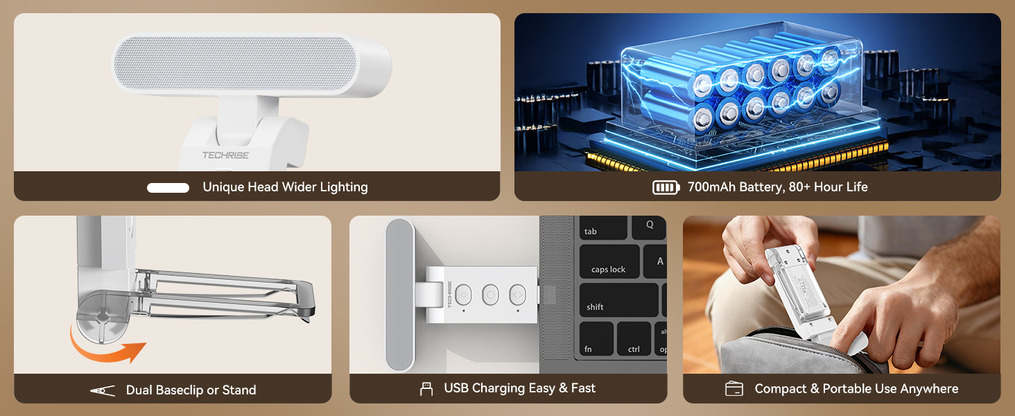 TechRise 12-LED rechargeable book light, 5 colors, 6 dimming, 80h, ultralight clip-on