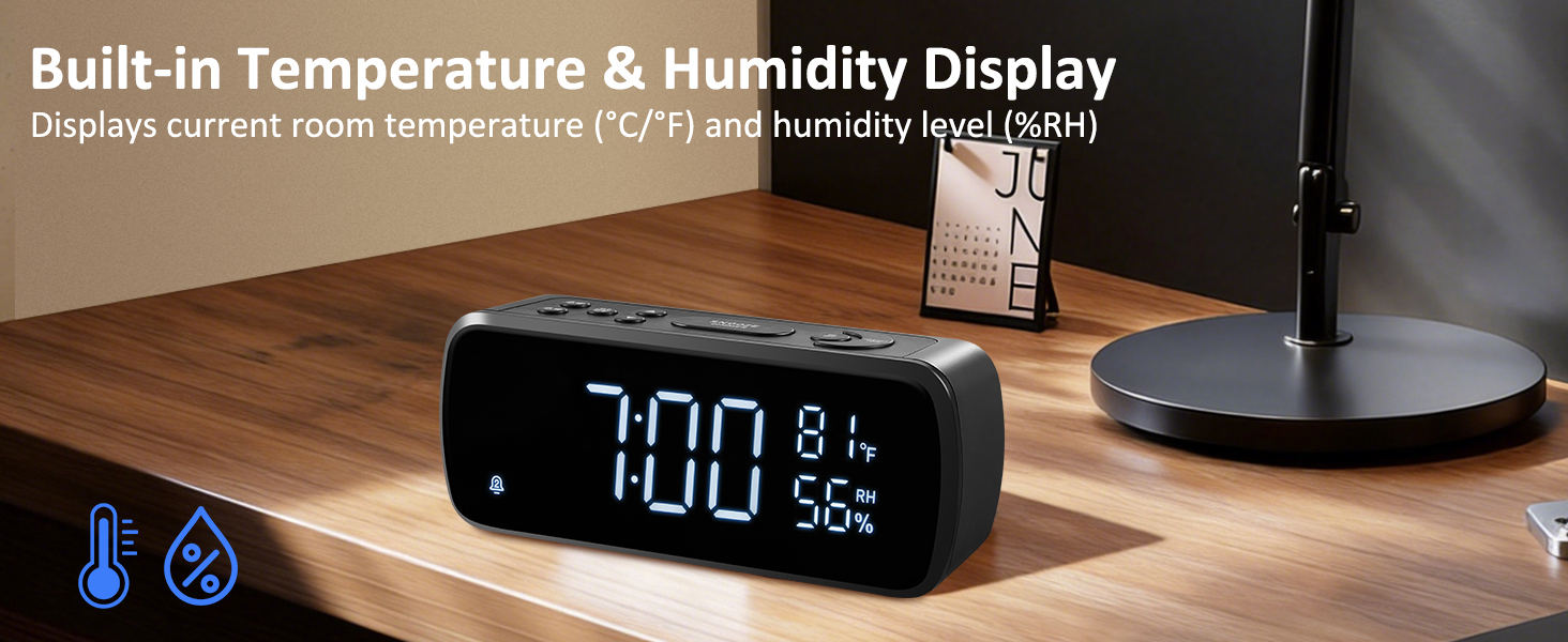 clock radio am fm for bedroom battery operated radio Built-in Temperature &amp;amp; Humidity Display