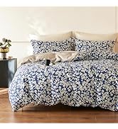 LEMIROE Navy Floral Cotton Comforter Queen Size 3PC - Elegant White Flowers Pattern on Blue,Taupe...