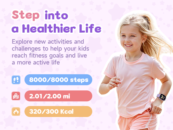 Fitness tracking interface showing step count, distance, and calorie burn. Text promotes healthier lifestyle for children through new activities and challenges.