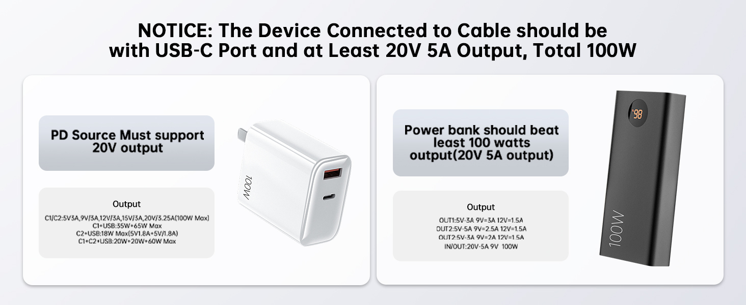 connect to Power bank should be at least 100W and support 20V output