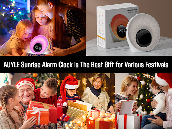 Text reads 'AUYLE Sunrise Alarm Clock Is the Best Gift for Various Festivals'. Composite showing colorful projection alarm clock and gift-giving holiday scenes with presents and decorations.