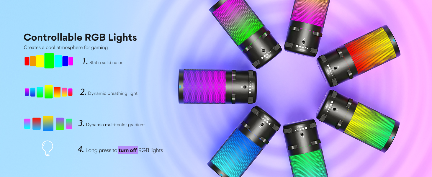 Circular arrangement of cylindrical speakers with RGB lighting. Diagram shows four controllable RGB light patterns. Speakers display various vibrant colors.