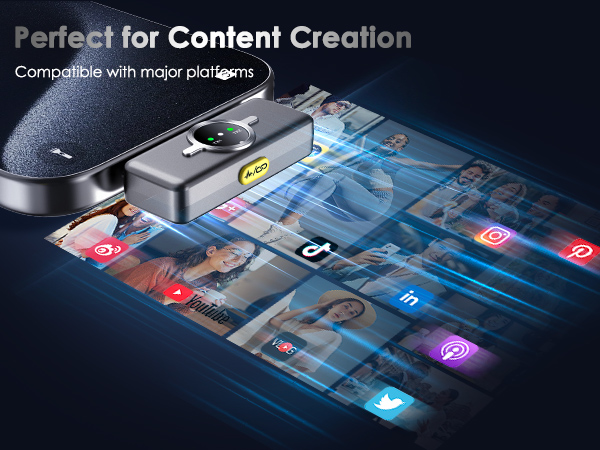 Wireless microphone for content creation, compatible with YouTube, TikTok, and Instagram.