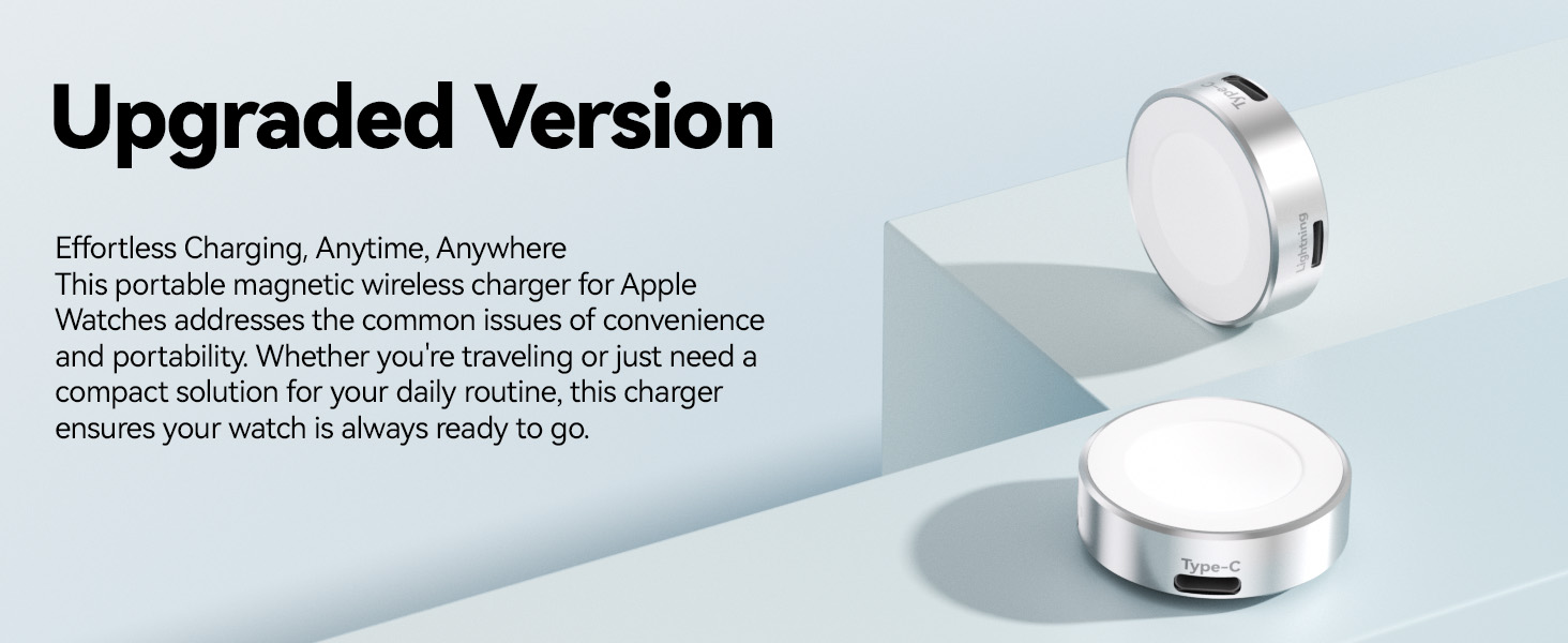 Text reads 'Upgraded Version' and 'Effortless Charging Anytime, Anywhere'. Product illustration showing white circular charging device with technical specifications.