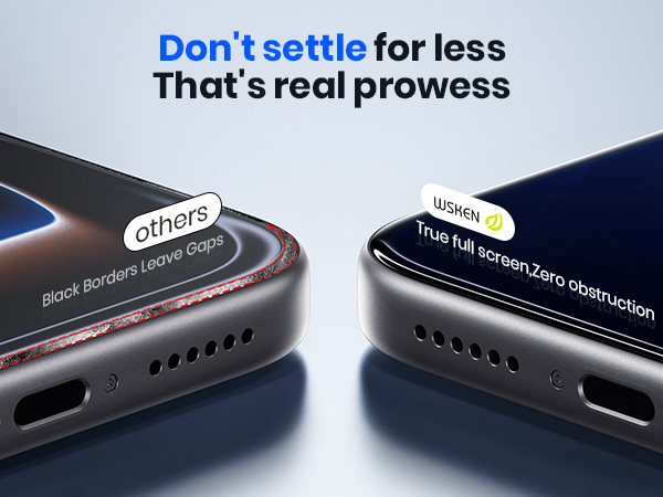 Close-up comparison showing WSKEN seamless fit vs other glass leaving visible gaps on edges.