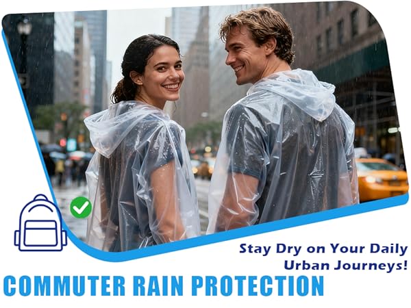 Text reads 'Stay Dry on Your Daily Urban Journey!' and 'COMMUTER RAIN PROTECTION'. Series of images showing people wearing transparent rain protection gear in urban settings.