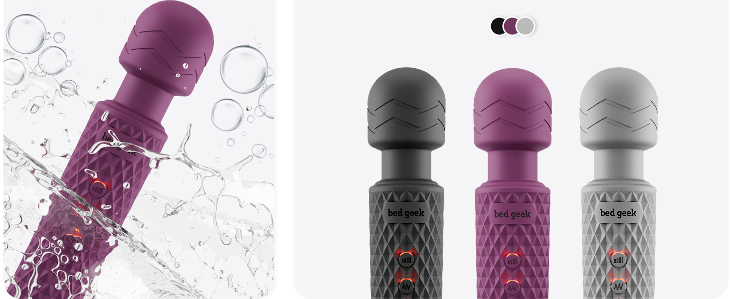 Bed Geek handheld massage wand with soft silicone, 20 vibration patterns, and USB rechargeable