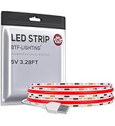 BTF-LIGHTING FCOB USB Powered Red Color COB LED Strip Lights 3.28FT 320LEDs 5V 8mm Width 90+ High...