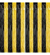 2 Pack Graduation Backdrop, 3.28 FT x 7.05 FT Black and Gold Foil Fringe Curtains, Metallic Foil ...