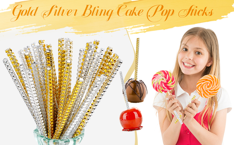 Bling Cake Pop Sticks, Glitter Gold Silver Lollipop Candy Apple Paper Skewers, Cupcake Treat Toppers
