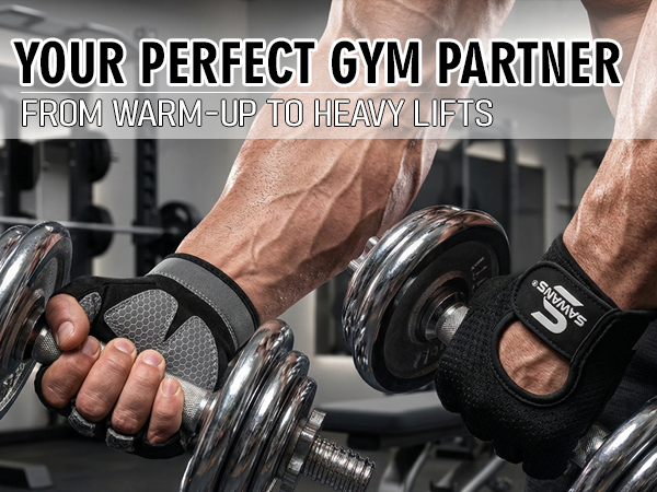 Text reads 'YOUR PERFECT GYM PARTNER' and 'Kick, Wrap Up Training 1ÜSS'. Close-up of hands holding adjustable dumbbells with resistance mechanism.