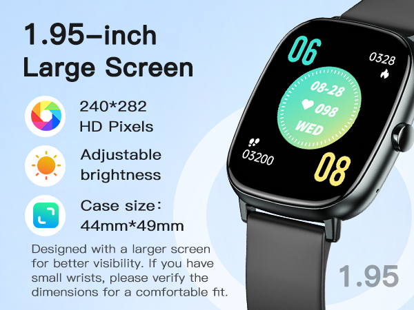 Smartwatch with 1.95" large screen &amp; adjustable brightness. For better visibility, even outdoors.