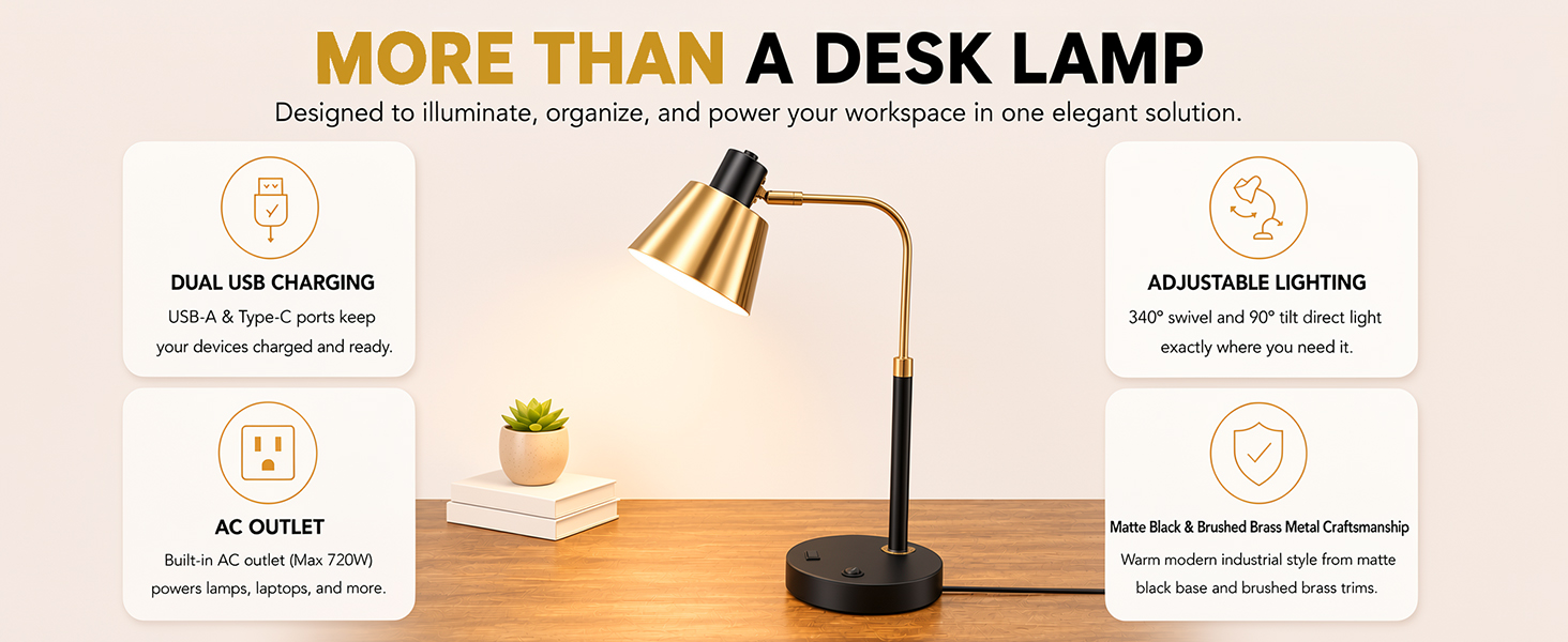 Matte black brass desk lamp with USB-A, Type-C ports and AC outlet, adjustable lighting for office