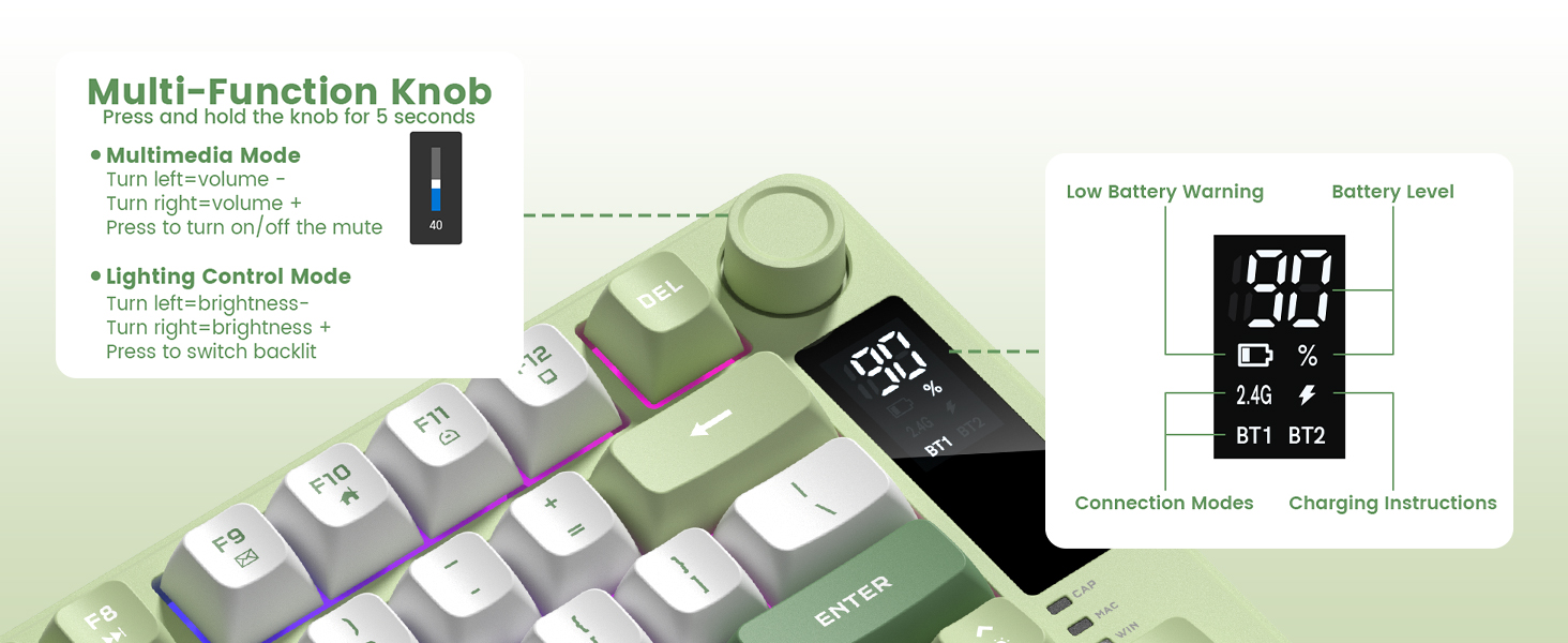 mechanical keyboard featuring a multi-function knob and a small display screen