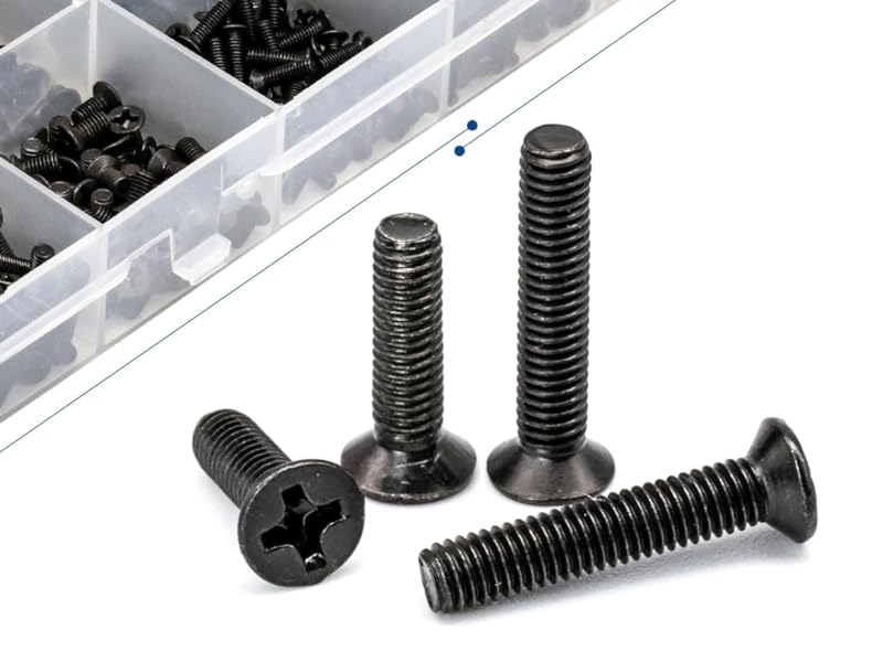 Black flathead machine screws of various lengths displayed in front of a plastic organizer tray containing additional screws and fasteners.