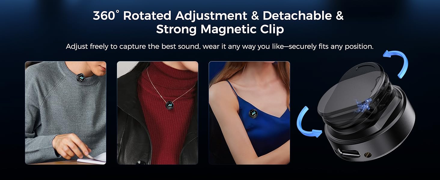 Text reads '360° Rotated Adjustment &amp; Detachable &amp; Strong Magnetic Clip'. Product demonstration showing adjustable mounting mechanism with magnetic features.