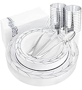 COLOSUS 175PCS Disposable Dinnerware set include Silver Plastic Plates Silverware&amp;Cups. Plastic T...