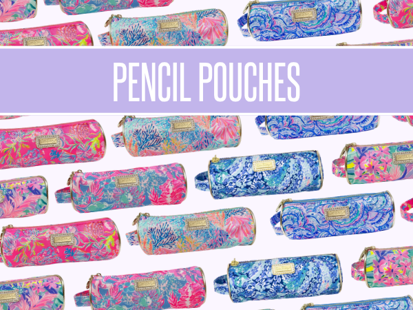 lilly pulitzer pencil pouch gold details zipper logo plaque carrying handle travel on the go