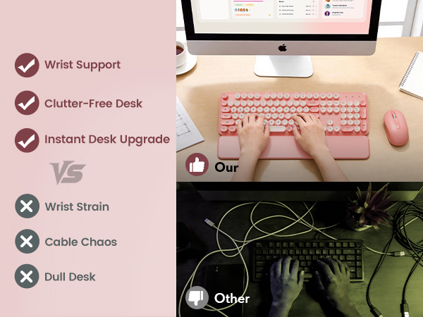 typing on wireless keyboard mouse with wrist rest clean desk setup compared to messy wired keyboard