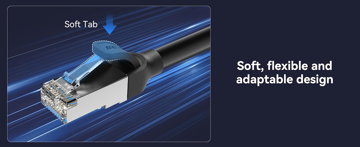 Text reads 'Soft Tab' and 'Soft, flexible and adaptable design'. Technical diagram showing a blue connector or tab mechanism with directional indicators.