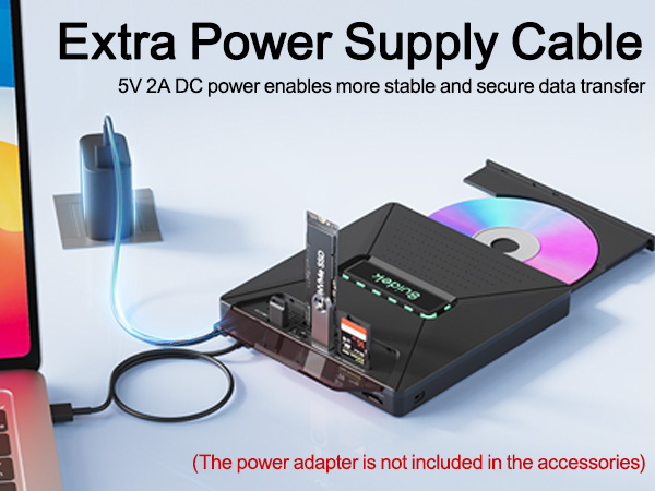 Text reads: 'Extra Power Supply Cable' '5V 2A DC power enables more stable and secure data transfer' '(The power adapter is not included in the accessories)'. Shows black electronic device with cable.
