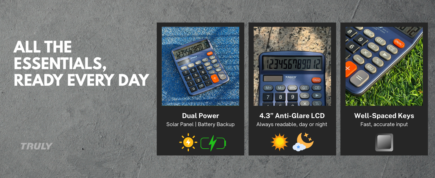 Dark blue Truly calculator with dual power solar battery, anti glare LCD, smooth daily use