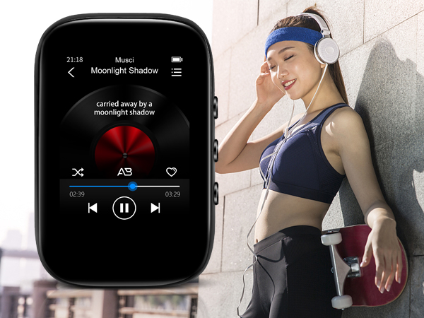 Smartwatch displaying music player interface with album art. Adjacent image shows person wearing wireless headphones and sports attire.