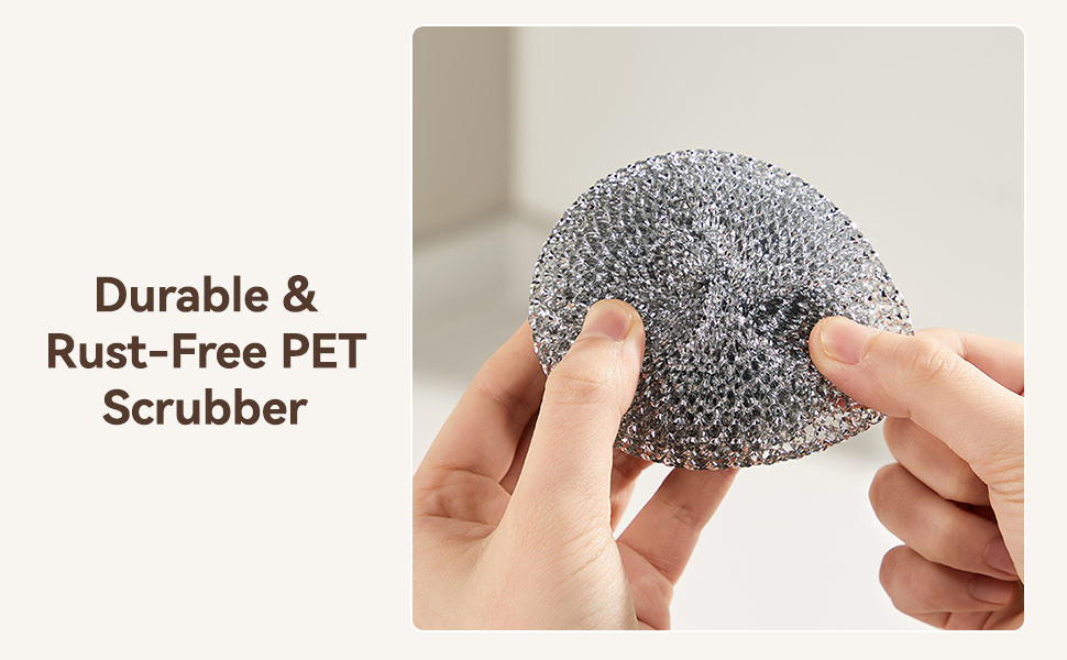 Durable, rust-free PET scrubber pad being stretched by hand to show flexibility and long use.