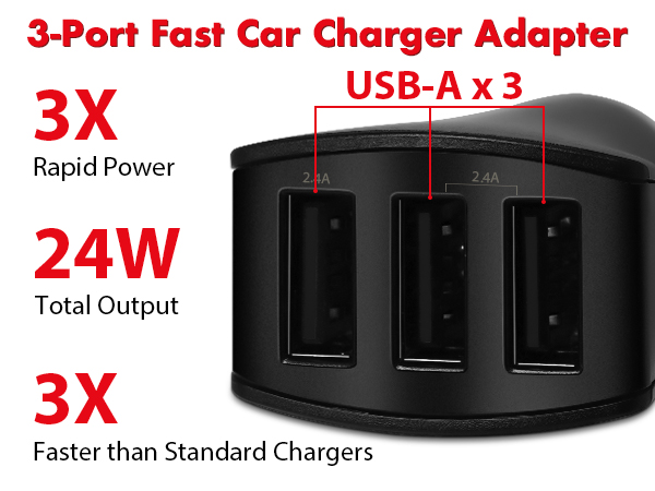 3-Port Fast Car Charger Adapter 3X Rapid Power, 24W Total Output, 3X Faster than Standard Chargers