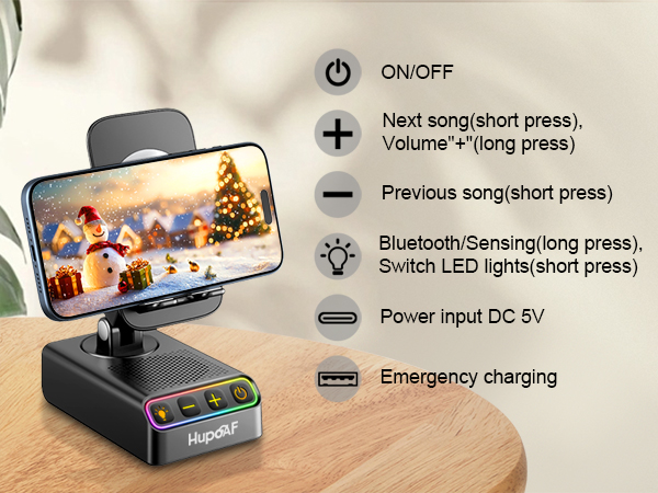 Text reads: 'ON/OFF, Next song(short press), Volume +(long press), Previous song(short press), Bluetooth/Sensing(long press), Switch LED light(short press), Power input DC 5V, Emergency charging'. Phone holder device with control buttons.
