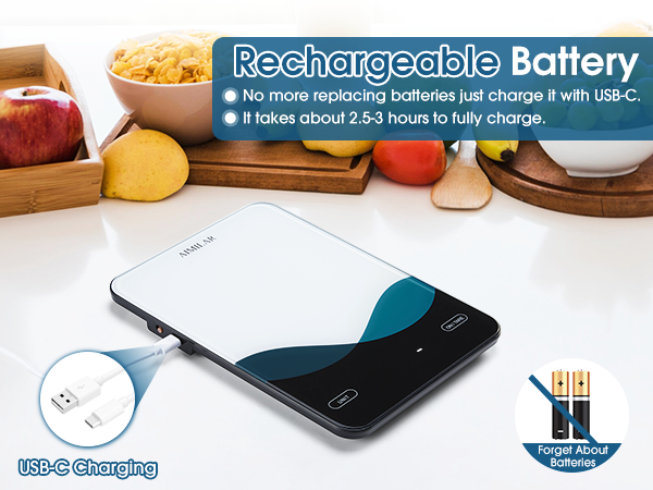 Text reads 'Rechargeable Battery' and 'It takes about 2.5-3 hours to fully charge.' Product demonstration showing USB-C charging capability with device and charging icon.