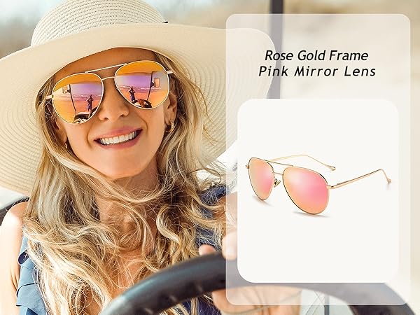 A stylish and elegant lady wearing pink aviator sunglasses during travelling