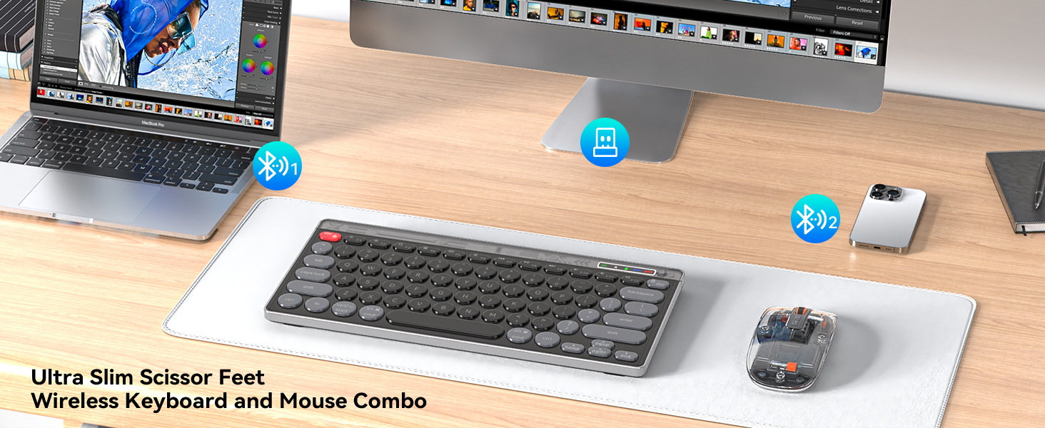 Wireless Keyboard and Mouse Combos - Dual Bluetooth &amp;amp; 2.4GHz USB Receiver, Transparent Mouse