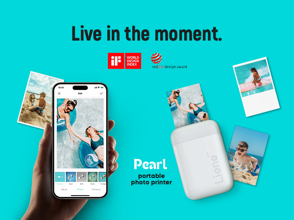Pearl portable photo printer shown with smartphone and printed photos on turquoise background, featuring product awards and app interface.
