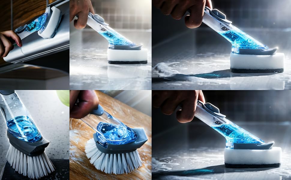 multiperpouse soap dispensing wand kit with brush and sponge using to clean diferrent surface
