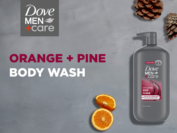 Image of Dove Men+Care ORANGE + PINE BODY WASH next to actual ingredients.
