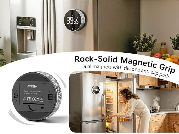 Strong Magnets&amp;Silicone No-slip Pads.There are two powerful magnets built into the back of the timer