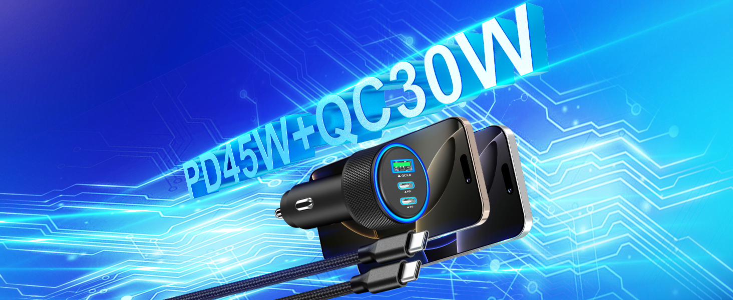 MFi Certified 3-Port 67W PD/QC Car Power Adapter USB-C Car Charger Cigarette Lighter for iPhone 17