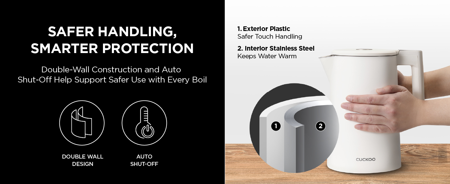 Insulated double wall electric teakettle, cool touch kettle with auto shut off and boil dry safety
