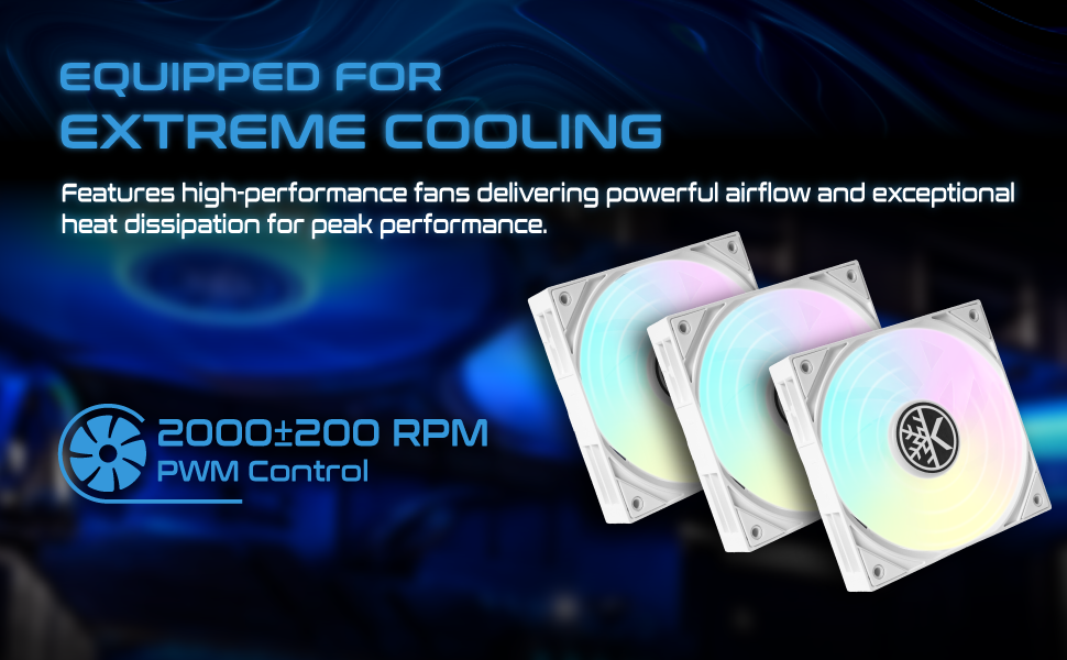 KINGCOOL Pure Flow AIO equips 2x 120mm high-performance cooling ARGB PWM control fans with 2000RPM