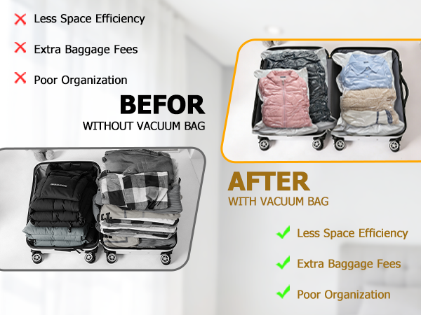 Before/after suitcase packing with vacuum bags: save space, organize clothes, reduce luggage bulk.