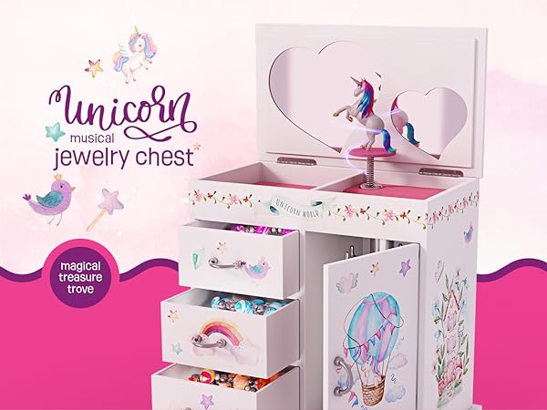 Open top unicorn jewelry chest with rotating music