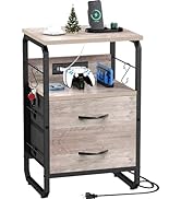 runjuly Nightstand with Drawers, Storage Night Stand with Charging Station Type C Port, Small Sid...