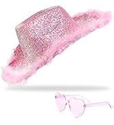 YBHOMINE Cowboy Hat with Heart Sunglasses - Cowgirl Hat with Feather Boa Brim for Women&amp;Men,Bache...